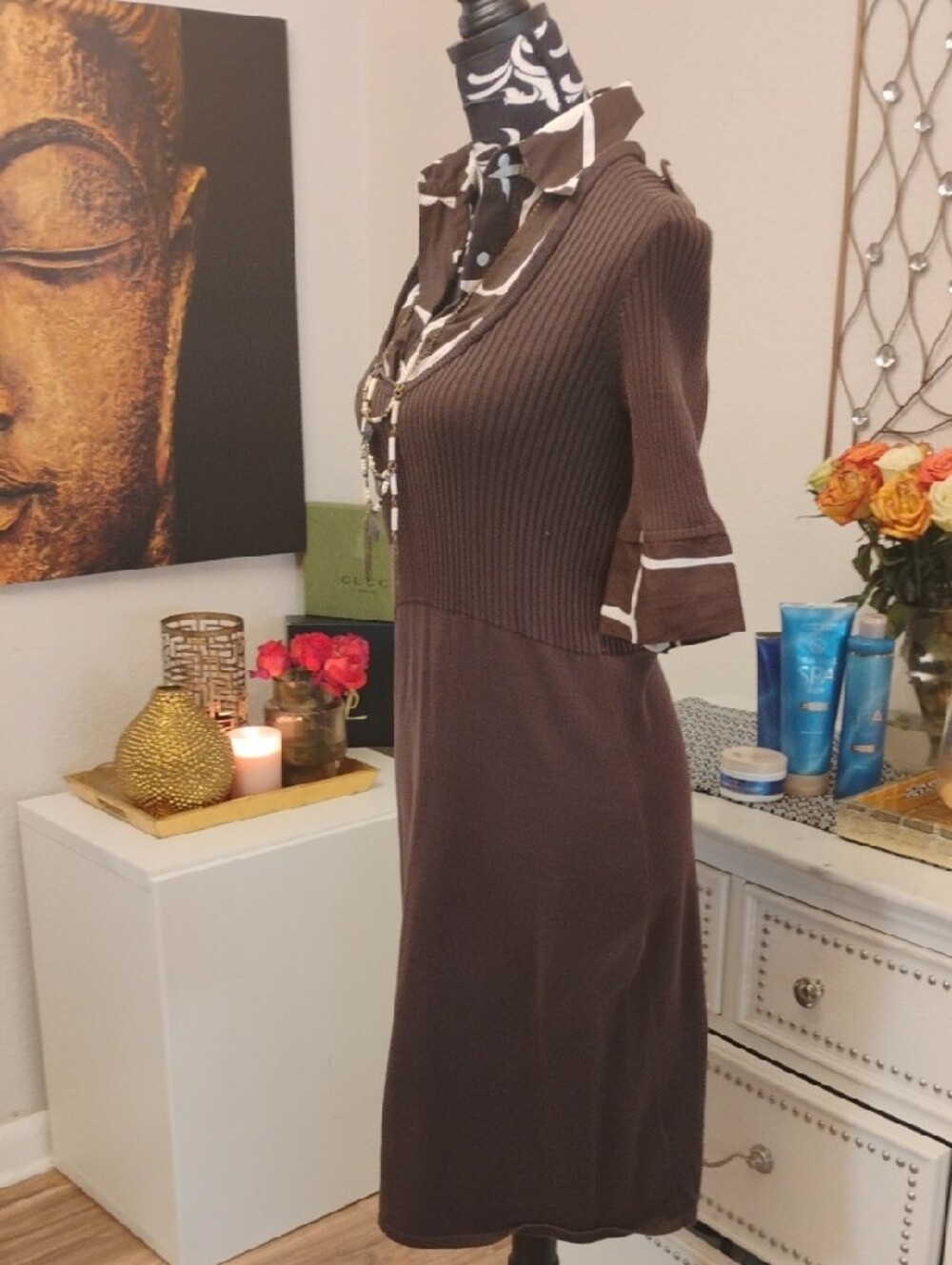 Tory Burch Brown Layered Knit Collar Dress with Patterned Trim - Picture 5 of 6